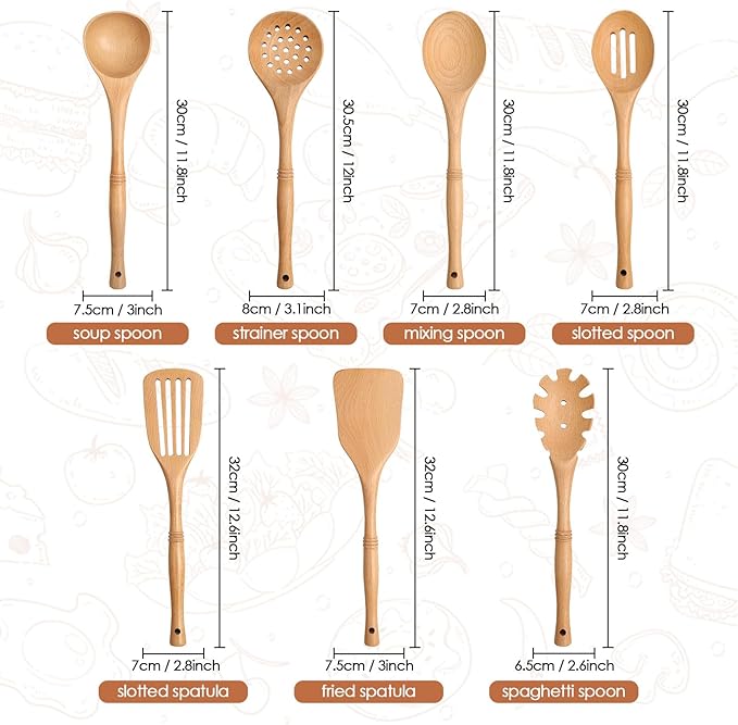 comfoyar Wooden Spoons for Cooking, 7 Pieces Kitchen Cooking Utenails Set with Spatula and Ladle, Heat Resistant Kitchen Cookware for Nonstick Pan-Beech