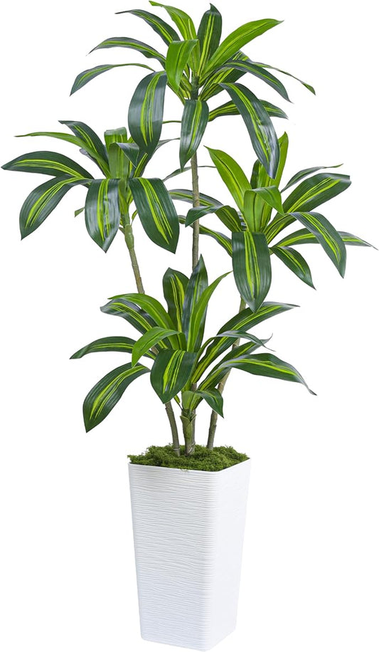 Artificial Dracaena Tree Artificial Silk Tree Faux Tree Fake Tropical Yucca Floor Plant with White Tall Planter (1, White Tall Planter, 5FT)