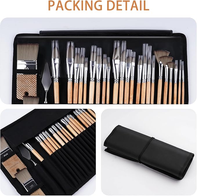 Fuumuui 26pcs Paint Brushes, Professional Acrylic Paint Brush Set Artists Complete Range of Sizes with Upgraded Short Handle Wide Flat & Palette Knife for Acrylic, Oil, Watercolor, Gouache