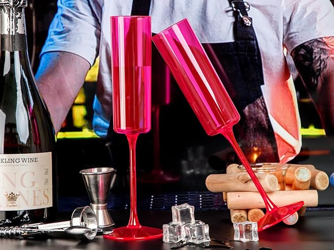 Ciaell 24 Pack Plastic Champagne Flutes - Hot Pink 6 Oz Disposable Champagne Glasses - Square Plastic Toasting Glasses for Party Birthday Anniversary Wedding