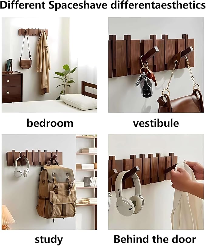 Wall Mounted Piano Key Hanger | Flip Style Hook | Entrance Wall Art Hook, Made of Oak Wood (3 Times Painted, 4 Times Polished) (Walnut-Beech, 8Hooks)
