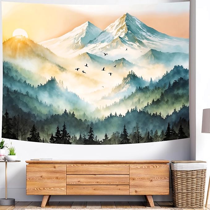 Delur Mountain Tapestry Boho Misty Sunset Forest Tree Tapestry Wall Hanging Sunrise Nature Landscape Psychedelic Headboard for Bedroom Living Room Home Decor (51.2" x 59.1")
