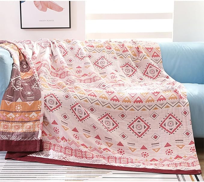 Boho Muslin Blanket for Adults 4-Layer Gauze 80 x 90 Inches Soft Cozy 100% Cotton Cooling Blanket Red Geometric Farmhouse Decor for Sofa Bed Coverlet Both Sides (Boho-G-Red, 80 x 90 in)