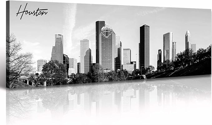 Black and White Wall Art Houston Skyline Canvas Print Picture Panoramic Cityscape Poster Decoration for Bedroom Office Home Decor Framed and Ready to Hang, 13.8"x47.3"