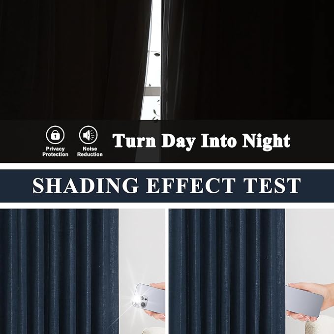 Vision Home Navy Blue Pinch Pleated Full Blackout Curtains Linen Blended Room Darkening Window Panels 108 inch for Living Room Bedroom Thermal Insulated Pinch Pleat Drapes with Hooks 60" Wx108 Lx1