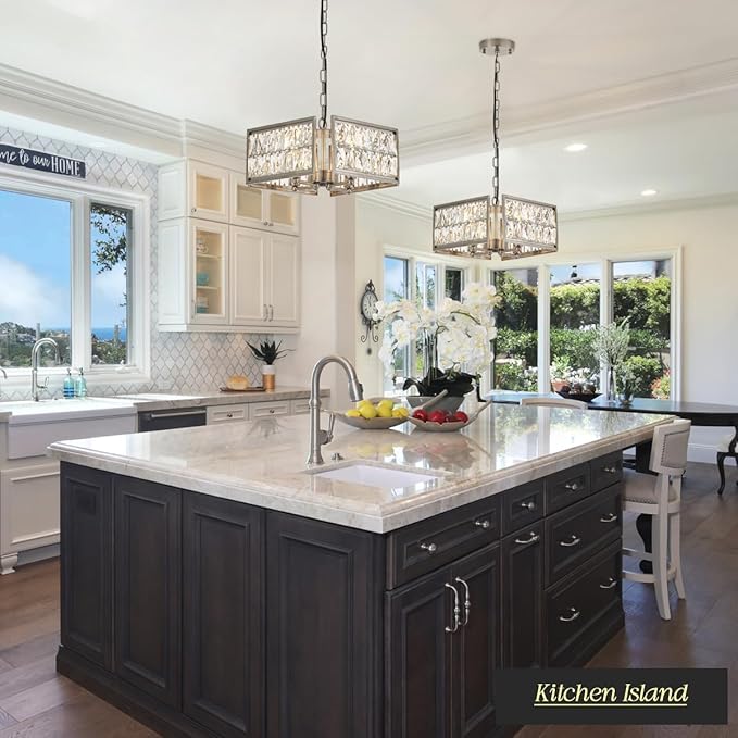 12” 4-Light Modern Crystal Chandeliers Nickel Dinning Room Light Fixture, Square Pendant Light Kitchen Island Chandelier, Flush Mount Ceiling Light for Living Room Entryway Bedroom Foyer