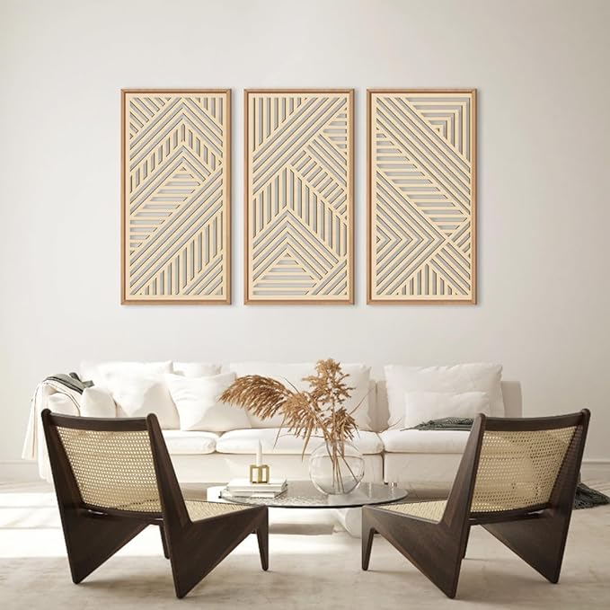 IARTTOP 3 Pieces Wood Boho Wall Art Framed Mid century Modern Wooden Wall Decor Large Minimalist Geometric Line Decor for Living Room Bedroom Office-16 x32