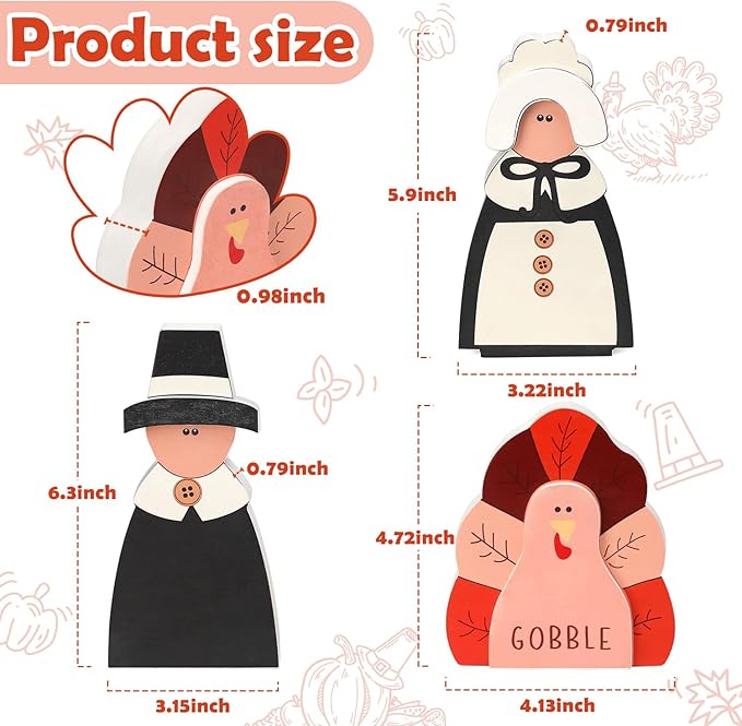 Amorita Fall Thanksgiving Decorations Wooden Turkey Pilgrim Couple Table Sign 3 Pcs Fall Thanksgiving Decor Standing Tabletop Sign Decor for Autumn Harvest - W