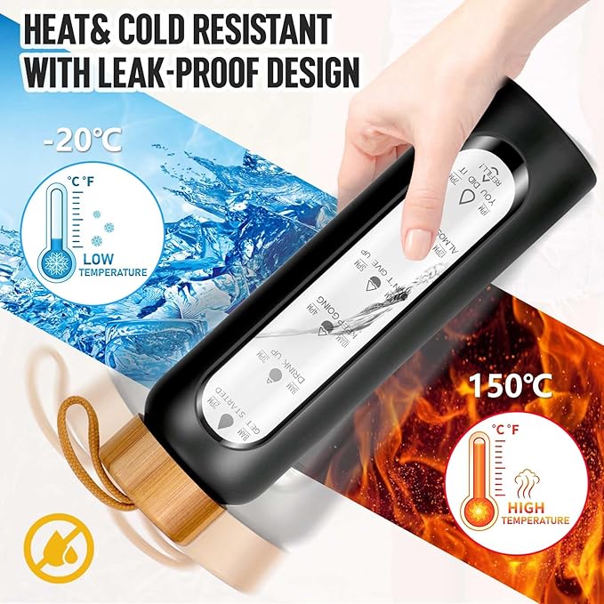 Aqulea Glass Water Bottles 25 Oz with Silicone Sleeve - BPA Free Reusable Wide Mouth Glass Motivational Water Bottles with Fruit Infuser – Leak Proof Borosilicate Water Bottle with Time Marker (Black)