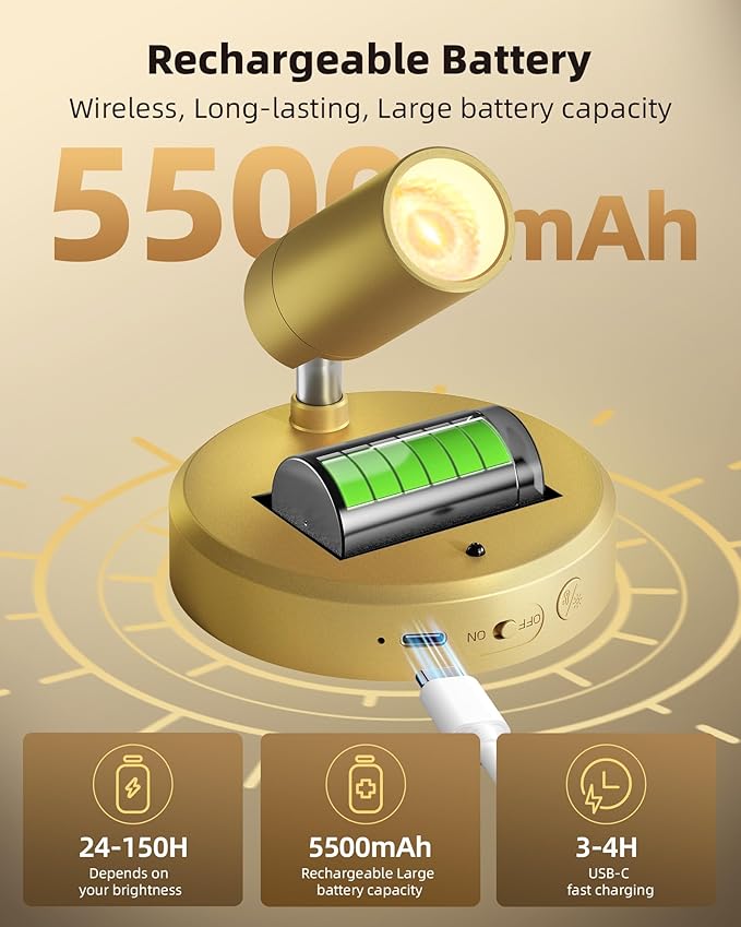 EZVALO LED Spotlight Indoor, 5500mAh Rechargeable Battery Uplighting Indoor, Wireless Mini Art Accent Spot Lights with Remote, for Plants Display Painting Dartboard Artwork Portrait Closet(2Pack-Gold)