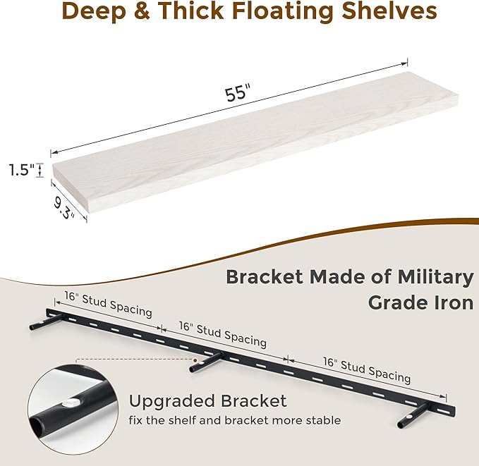 Floating Shelves 55 Inch Long, 55"W x 9"D Wall Shelf Invisible Bracket, 9 Inch Deep Floating Shelf for Wall, Rustic Wooden Shelves for Living Room, Kitchem, Bedroom, Brich Color, Set of 1
