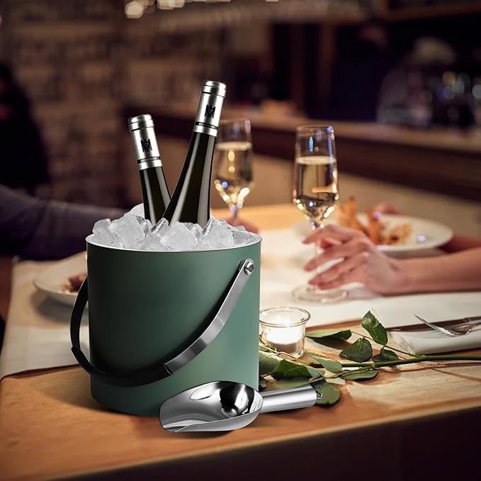 3L Ice Bucket with Silicone Lid, Scoop, Tongs & Strainer, Stainless Steel Double Wall Insulated Ice Buckets for Parties & Cocktail Bar, Outdoor Champagne Ice Container Bin, Dusty Green