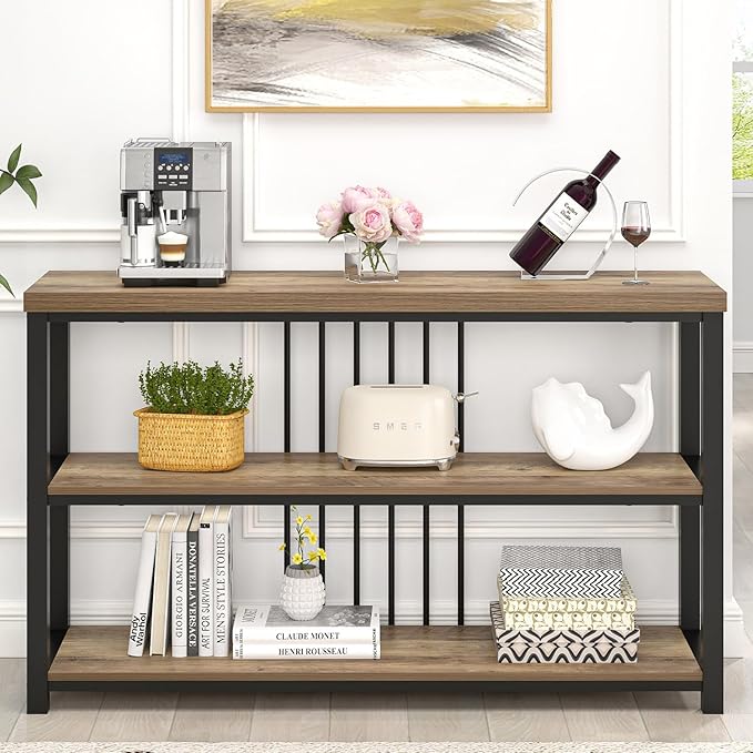 FOLUBAN Modern Sofa Table for Entryway, 3 Tier Narrow Console Table for Living Room Hallway Behind Couch, Rustic Oak