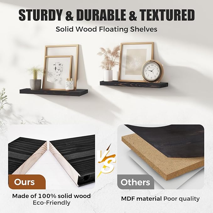 Floating Wall Shelves - 16"x6.8"x1.2" Sturdy Rustic Black Solid Wood Shelves for Storage and Décor, Easy Installation for Living Room, Bedroom, and Kitchen - 2 Pack