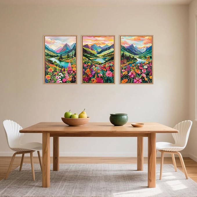 Celestdeco Wildflower Blossom Framed Canvas Wall Art Set, Colorful Flowers Painting, Abstract Landscape Wall Decor, Natural Ridge Floral Art Print for Living Room, Dining Room, Office - 24"x36"x3