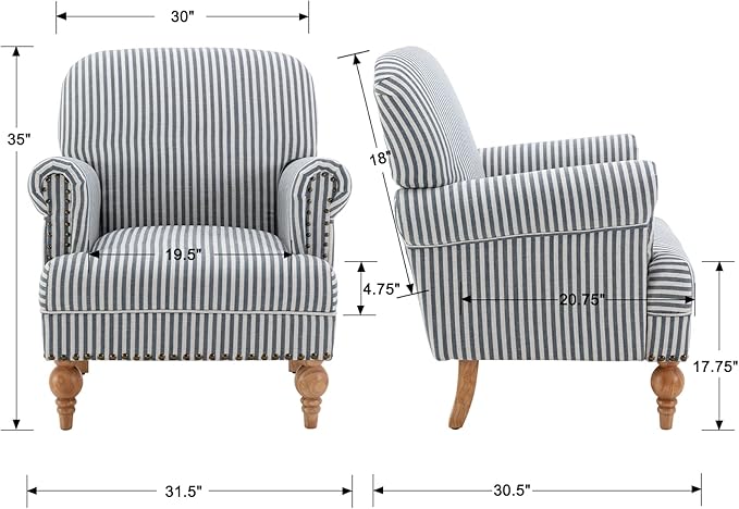 chairus Linen Accent Chair for Living Room Set of 2 Upholstered Mid Century Modern Single Sofa Chair with Solid Wood Legs Comfy Reading Armchair for Bedroom/Office Room/Recption/Lounge, Blue Stripe