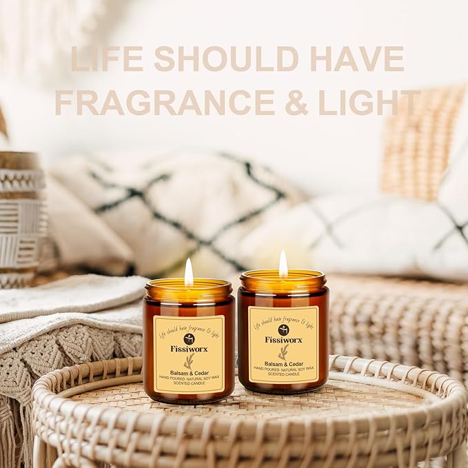 Balsam & Cedar Scented Candle Set 2 Pack – Natural Soy Wax Hand-Poured – Relax and Relieve Stress – 60-Hour Long-Lasting Burn – Premium Aromatherapy Candle for Home Decor, Gifts