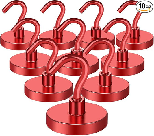 MIKEDE Strong Magnetic Hooks, 110Lbs Heavy Duty Magnetic Hooks for Cruise, Neodymium Earth Magnets with Hooks for Hanging, Super Metal Magnetic Hanger for Grill, Storage (Red,10 Pack)