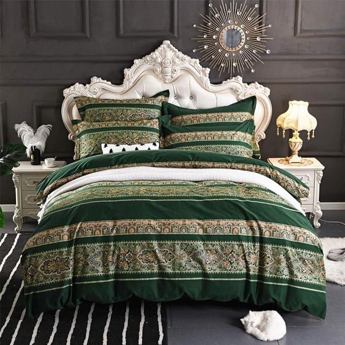 ABREEZE Bohemian Vintage Cal.King Size Floral Cotton Bedding Set 3Pcs Duvet Cover Set Boho Green Paisley 100% Egyptian Brushed Cotton Reversible Home Bedding Collection