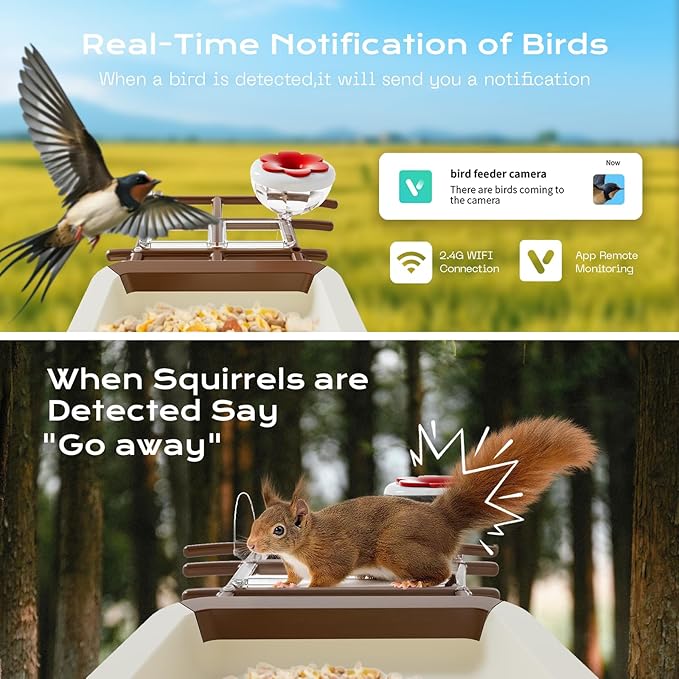 Bird Feeder with Camera, 2K HD Live Video, Smart Bird Cam Solar Powered with AI Birds Species Identification, Auto Capture Video, Instant Arrival Alerts, Best Gifts for Mom Dad