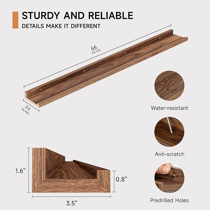 Floating Picture Ledge Shelves for Wall Set of 2, 55 Inches Picture Shelf with Ledge, Nursery Book Shelf for Toys Storage Kids Bookshelf Wall Mounted Living Room Bedroom Decor Frames, Walnut