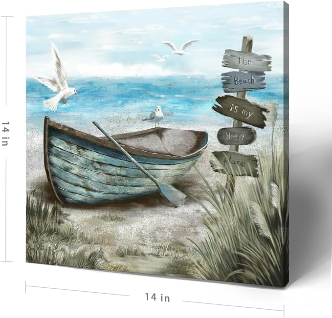 Bathroom Wall Art Coastal Décor Nautical Boat on Beach Canvas Picture Ocean Seagull Seascape Canvas Print Sea Bird Farmhouse Artwork for Seashore Bedroom Living Room Small Square Blue Teal 14x14"