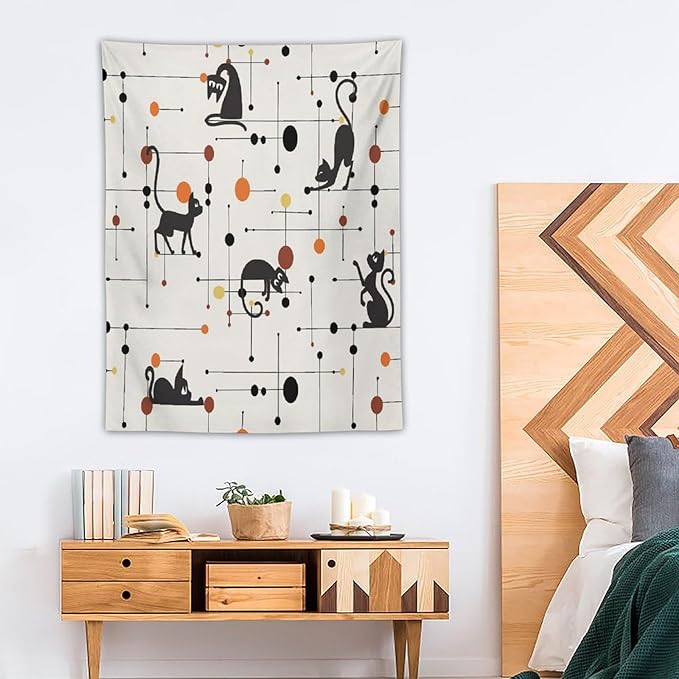 ICMOLYYENLO Abstract Cat Tapestry, Medieval Abstract Atomic Star Cat Vintage Home Wall Hanging Art Tapestry for Bedroom Living Room Dormitory 60x60 Inch