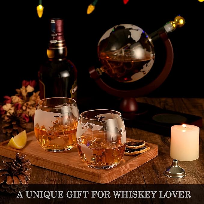 Gifts for Men Dad Husband from Wife Daughter Son, Unique Christmas Anniversary Birthday Gifts for Him, Whiskey Decanter Globe Set with 2 Glasses, Bourbon Scotch Liquor Cool Stocking Stuffers Presents