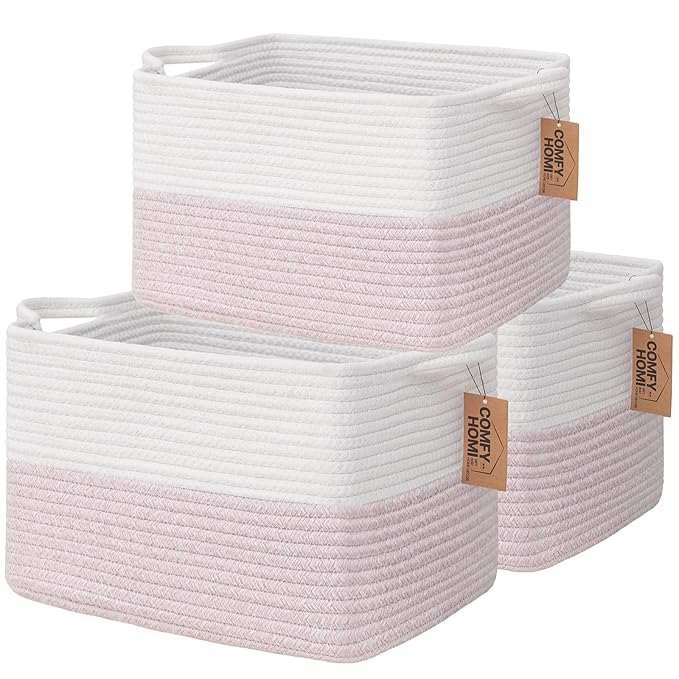 COMFY-HOMI 3PACK Cotton Rope Square baske with Handles for Shelves|Dog Toy baske Bin and Storage|Baby baske for Gift|Shoe baske for Organizing|13.5" x 11" x 9.5" for Living Room（White/Pink）