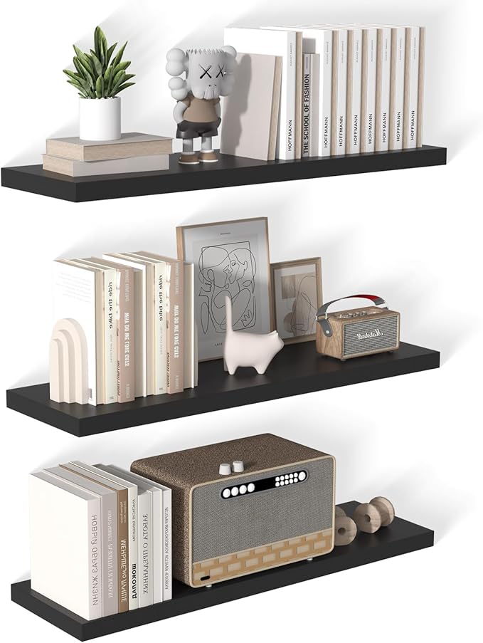 40 Inch Floating Shelf 3 Pack Large Floating Shelves for Wall No Drilling Accessories Included Deep Wall Shelves for Living Room Kitchen Farmhouse 40" W x 12" D x 1.2" Black