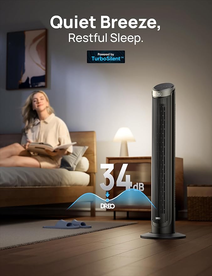 Dreo Tower Fan for Bedroom, 90° Oscillating Fans that Blow Cold Air, 5 Speeds, 4 Modes with 26ft/s Velocity, 12H & 28dB Quiet Timer, Remote, Touch, 40" Standing Floor Fan for Home Office, Black