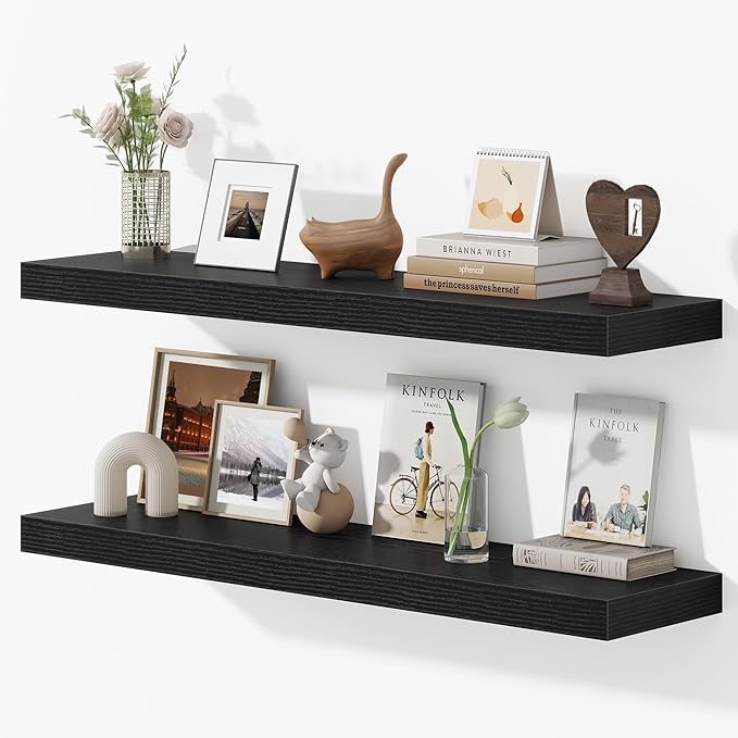Dreamland 40 Inches Floating Shelves for Wall, 9.3" Deep Long Floating Shelves Set of 2, Large Display & Storage Shelf, Wall Shelf for Bathroom Bedroom Living Room Kitchen Office, Black
