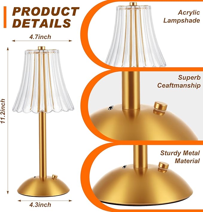 Liliful 1 Pcs LED Portable Cordless Table Lamp Touch Battery Operated Rechargeable Desk Lamp 3 Color Dimmable for Bedroom Living Room Dining (Rose Style,Gold)