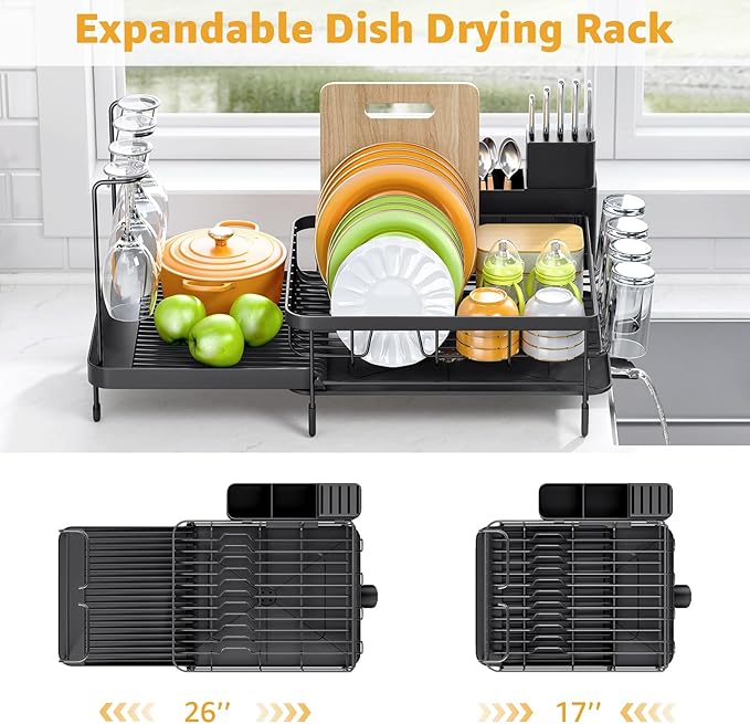 Dish Drying Rack for Kitchen Counter, Expandable Large Capacity Dish Rack with Drainboard, Wine Glasses Holder, Space Saving Organizer, Black