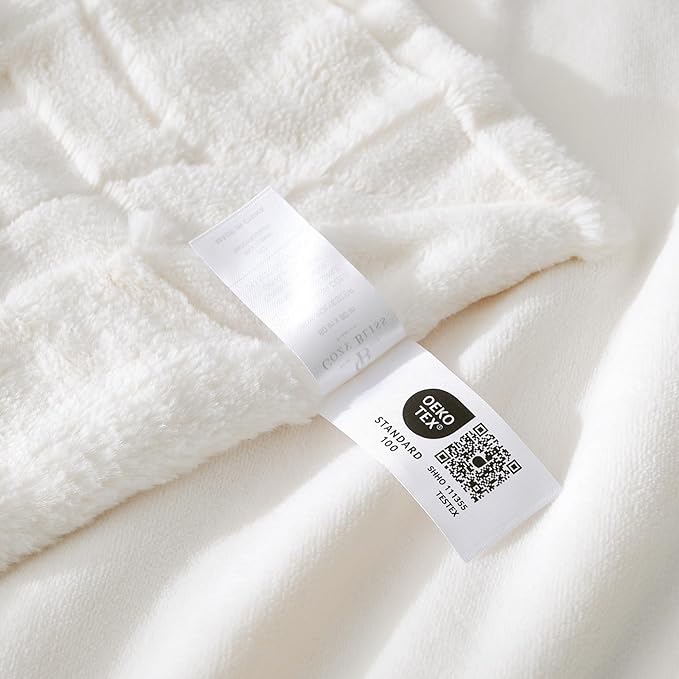 Cozy Bliss Checkered White Large Faux Rabbit Fur Queen Size Blanket, Soft Fuzzy Fluffy Minky Cream Furry Blankets for Couch, Bed (90 * 90 Inches Ivory)