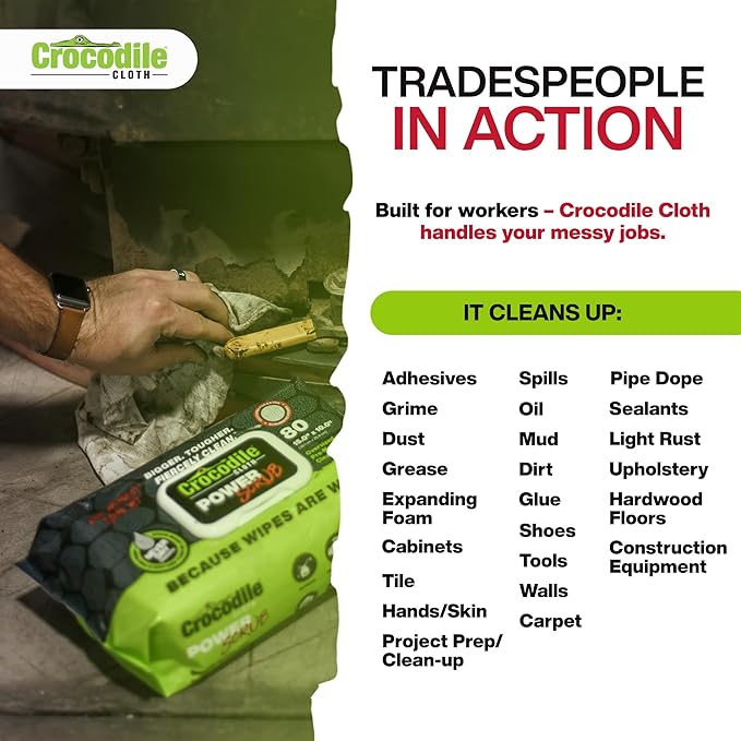 Crocodile Cloth PowerScrub - 80 Dual Surfaced Cloths, 10in X 15in. Large, Moist, Absorbent and Disposable Cleaning Cloths. Safe on Skin and Multiple Surfaces. (6500-080)