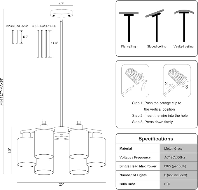 6-Light Modern Farmhouse Black Chandelier, Dining Room Light Fixture Over Table Adjustable Height Hanging Industrial Pendant Lights Kitchen Island, Clear Glass Shade