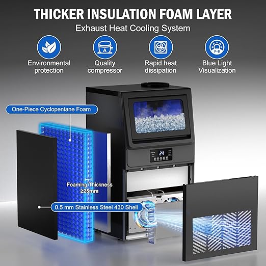 Commercial Ice Maker Machine 100 LBS/24H, 36 Ice Trays Freestanding & Undercounter Ice Machine Stainless Steel with 20 LBS Ice Storage Capacity, Ice Maker with Water Line, Dual Water Inlet, Black