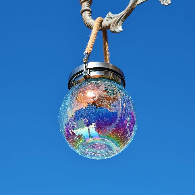 Cooo 4 Pack Solar Lantern Outdoor Waterproof Iridescent Crackle Glass with 215% Larger Solar Panel, Stainless Steel Lid – Rainbow Glass Hanging Light with Cool White LED for Garden Patio Table