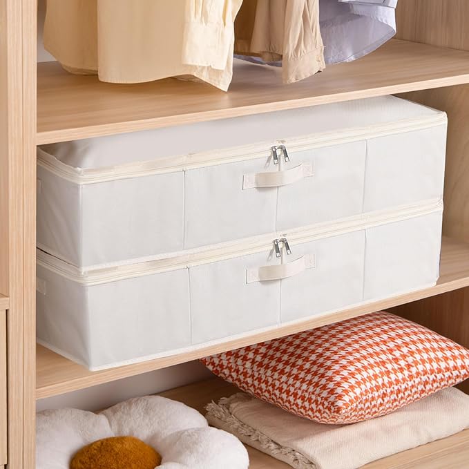 Under the Bed Storage Bins, Closet Organizers with Reinforced Handles for Blanket, Sheets, Pillows, Towels, Shoes, Beige, 2 Pack, 23.6 x 11.8 x 5.9 Inch