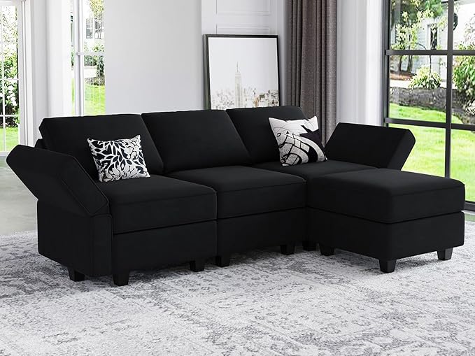 Belffin Modern L Shaped Velvet Sectional Sofa with Chaise, Black, Storage, Adjustable Arm/Backrest