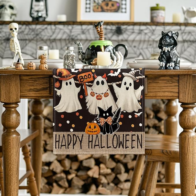 Artoid Mode Ghost Jack-O'-Lantern Black Cat Halloween Table Runner,Holiday Kitchen Dining Table Decoration for Home Party Decor 13 x 72 Inch