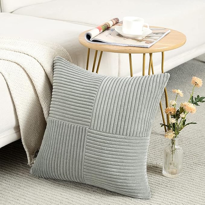 Fancy Homi 2 Packs Grey Decorative Throw Pillow Covers 20x20 Inch for Living Room Couch Bed Sofa, Rustic Farmhouse Boho Home Decor, Soft Corss Corduroy Patchwork Accent Square Cushion Case 50x50 cm