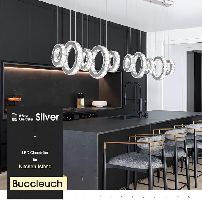 Buccleuch Modern Crystal Chandelier, Dimmable LED Ceiling Light Fixture 5-Ring Adjustable Stainless Steel Pendant Light, Silver Crystal Chandeliers for Dining Room, Bedroom, Living Room - Cool White