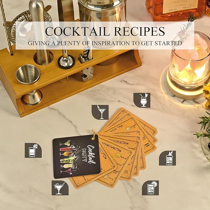 Bartender Kit Cocktail Shaker Set with Stand Bar Tool Bar Set for Drink Mixing Home Bartending Kit 11-Piece Bar Cart Accessories: Martini Shaker, Mixer Spoon, Jigger, Muddler, Strainer & Recipes Gifts