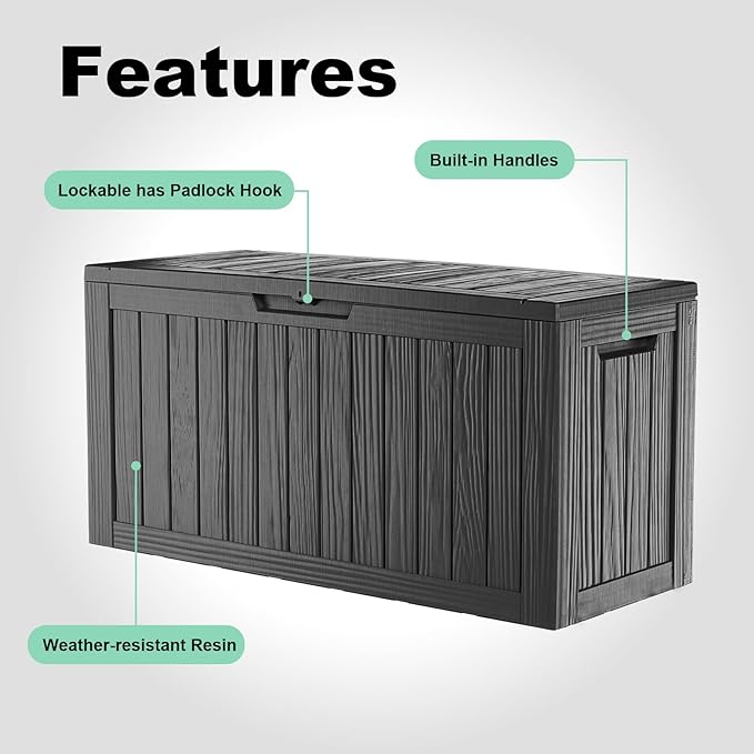 80 Gallon Deck Box Large Outdoor Storage for Patio Furniture,Outdoor Cushions,Garden Tools and Pool Supplies,Waterproof,Resin,Lockable(Black) (Black, 80 Gallon)