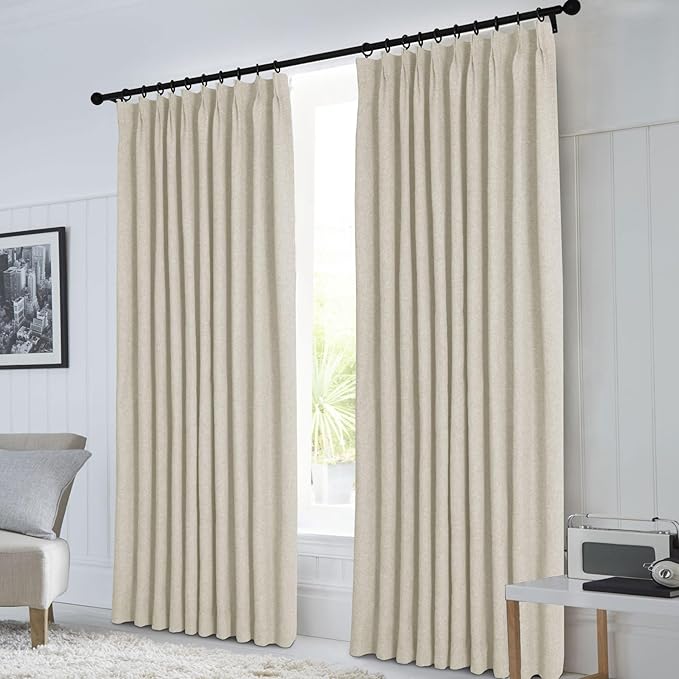 Macochico Pinch Pleated Blackout Linen Curtains 96 Inches Long 100% Light Blocking Burlap Curtains for Bedroom Living Room Thermal Window Panels with Tieback 72”Wx96”L Ivory White 1 Panel
