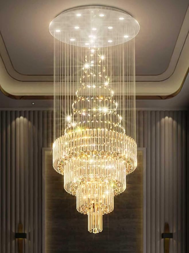 Flashing God D32''X H110'' High Ceiling Chandelier Crystal Raindrop Chandeliers Staircase Large Chandelier Villa Entrance Foyer Ceiling Light High Ceiling Pendant Light Fixture