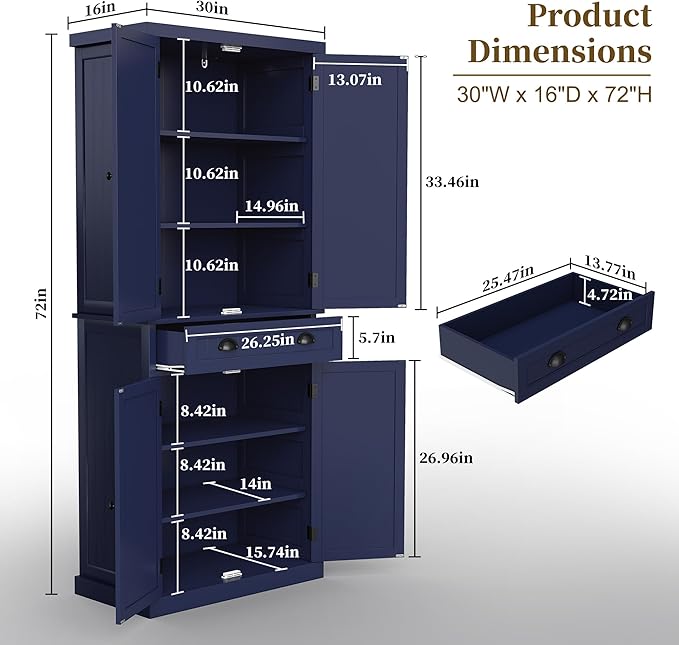 ARTPOWER 72" Tall Kitchen Pantry Storage Cabinet with Drawer and Adjustable Shelves, Pantry Cabinet for Kitchen, Bathroom or Hallway, Blue