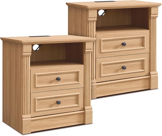 26" Tall Farmhouse Nightstand Set of 2, 2 Drawers End Table w/Charging Station, 23.6" Wide Large Side Tables w/Roman Column, Wood Rustic Sofa Tables w/Open Shelf, Bedside Table for Bedroom, Natrual